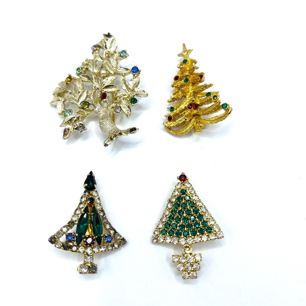 Christmas Trees Gold and Green Red Rhinestone Vintage Christmas Tree Brooches
